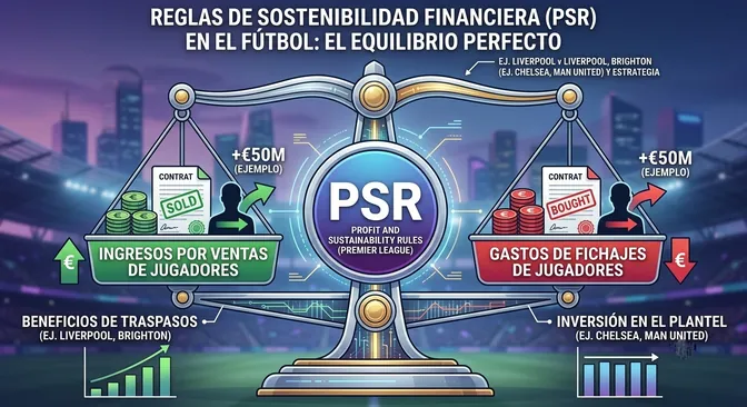 Infografía que muestre una balanza con la leyenda “PSR” en el centro, equilibrando ingresos por ventas vs gastos de fichajes premier league